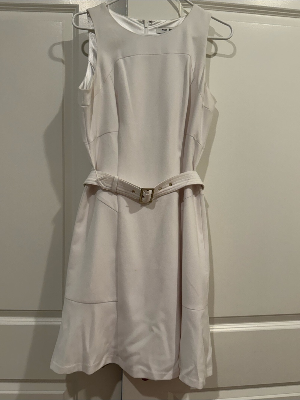 White House Black Market Ivory Sleeveless Belted Fit-and-Flare Dress